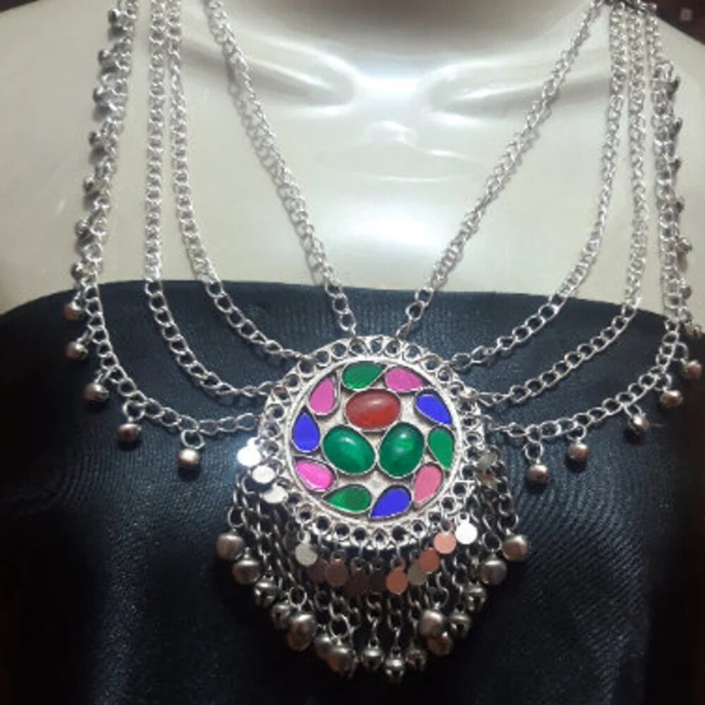 Ethnic Multilayers Bib Necklace, Tribal Silver Bib Necklace, Kuchi Boho Jewelry